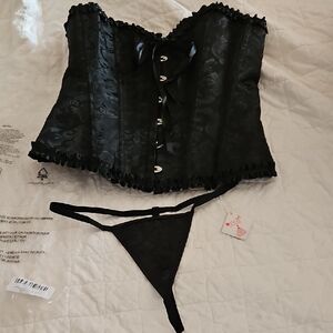 Angel Black Lace Corset and Thong Set C1